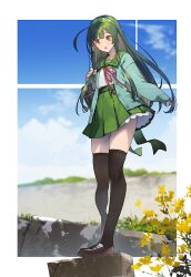 Rule 34 | 1girl, :o, aqua jacket, bag, black thighhighs, blue sky, brown footwear, bush, cloud, collared shirt, commentary request, dark green hair, day, full body, green hair, green hairband, green skirt, hairband, highres, jacket, loafers, long hair, long sleeves, open clothes, open jacket, open mouth, outdoors, outside border, red ribbon, ribbon, rock, sailor collar, shirinda fureiru, shirt, shoes, shoulder bag, skirt, sky, sleeves past wrists, solo, standing, thighhighs, touhoku zunko, voiceroid, yellow eyes, zettai ryouiki