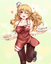 Rule 34 | 10s, 1girl, apron, bar censor, black pantyhose, blonde hair, blonde pubic hair, bouncing breasts, breasts, censored, collarbone, eyebrows, female pubic hair, fish, fishing, food, gluteal fold, hair between eyes, hat, heart, highres, kantai collection, long hair, medium breasts, multiple girls, naked apron, one eye closed, open mouth, pantyhose, pasta, pubic hair, purple eyes, red apron, rod, running, signature, simple background, solo, spaghetti, torn clothes, torn pantyhose, tsukineko, twintails, zara (kancolle)