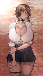 Rule 34 | 1girl, absurdres, black choker, black skirt, blush, breasts, brick wall, brown hair, choker, cleavage, collarbone, cowboy shot, highres, holding own arm, huge breasts, limbus company, looking at viewer, nervous sweating, open collar, outis (project moon), pleated skirt, project moon, rhlatm, shirt, shirt tucked in, short hair, skirt, solo, sweat, sweatdrop, thigh strap, veins, veiny hands, white shirt