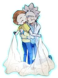 Rule 34 | 2boys, brown hair, closed eyes, coat, grandfather and grandson, hug, kneeling, lab coat, messy hair, morty smith, multiple boys, noko6, rick and morty, rick sanchez, shirt, short hair, spiked hair, tears, unibrow, white coat, yellow shirt