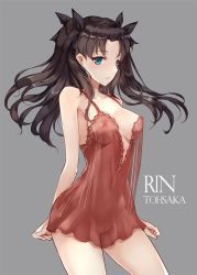 Rule 34 | 1girl, asle, bare arms, bare shoulders, black bow, blue eyes, blush, bow, breasts, breasts apart, brown hair, character name, chemise, closed mouth, collarbone, covered erect nipples, covered navel, fate/stay night, fate (series), grey background, hair bow, long hair, looking at viewer, medium breasts, nipples, no panties, parted bangs, pubic stubble, pussy, see-through, simple background, solo, tohsaka rin, uncensored