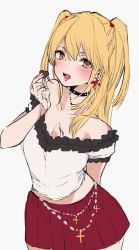 Rule 34 | 1girl, amane misa, arm behind back, blonde hair, blush, breasts, candy, chigasaki yukari, chocolate, chocolate heart, chocolate on body, chocolate on breasts, choker, cross, cross earrings, death note, earrings, food, food on body, frills, grey background, hair between eyes, heart, highres, holding, jewelry, long hair, looking at viewer, necklace, open mouth, pleated skirt, red skirt, shirt, short sleeves, simple background, skirt, solo, two side up