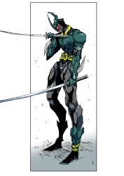 Rule 34 | 1boy, abs, black bodysuit, bodysuit, bug, claw (weapon), cowboy shot, dual wielding, gauntlets, gloves, green horns, highres, holding, holding sword, holding weapon, horns, ichitaka (1015ichitaka), kamen rider, kamen rider agito (series), kamen rider gills, katana, looking at viewer, male focus, red eyes, rider belt, simple background, sword, tokusatsu, weapon, white background