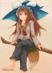 Rule 34 | 1girl, blonde hair, brown hair, female focus, fusion, graphite (medium), hat, holo, jewelry, kirisame marisa, long hair, mixed media, necklace, pouch, red eyes, red hair, scan, shikao, shikao (monkey), sitting, smile, solo, spice and wolf, tail, touhou, traditional media, witch, witch hat, wolf tail