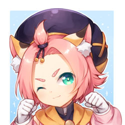 Rule 34 | 1girl, ;3, animal ear fluff, animal ears, cat ears, commentary, detached sleeves, diona (genshin impact), english commentary, forehead, genshin impact, gloves, green eyes, hair ribbon, hat, hikariin25, looking at viewer, one eye closed, paw pose, paw print palms, pink hair, ribbon, short hair, sidelocks, simple background, smile, solo, thick eyebrows, two-tone background, white gloves