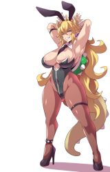 Rule 34 | 1girl, animal ears, armlet, black eyes, black footwear, black leotard, black neckwear, blonde hair, blue eyes, bowsette, bracelet, breasts, cleavage, detached collar, dragon girl, dragon horns, dragon tail, fake animal ears, gloves, green shell (mario), high heels, highres, horns, jewelry, konno tohiro, large breasts, leotard, long hair, mario (series), monochrome, necktie, new super mario bros. u deluxe, nintendo, pantyhose, playboy bunny, pointy ears, rabbit ears, running, sharp teeth, spiked bracelet, spiked shell, spikes, strapless, strapless leotard, super crown, tail, teeth, thighlet, thighs, turtle shell, wrist cuffs, yellow horns, yellow tail
