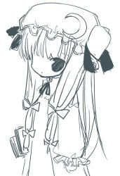Rule 34 | 1girl, blue theme, book, bow, chibi, crescent, female focus, hair bow, hat, kiira, lowres, mob cap, monochrome, outline, patchouli knowledge, sketch, solo, touhou