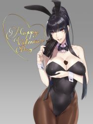 Rule 34 | 1girl, animal ears, bare shoulders, black bow, black bowtie, black hair, black leotard, blush, bow, bowtie, box, breast hold, breasts, brown eyes, brown pantyhose, candy, chocolate, chocolate heart, cleavage, covered navel, cowboy shot, damegane, detached collar, eyes visible through hair, facing viewer, fake animal ears, food, gift, gift box, gradient background, grey background, happy valentine, heart, high ponytail, highleg, highleg leotard, highres, large breasts, legs together, leotard, lidia (damegane), long hair, looking at viewer, original, pantyhose, parted lips, playboy bunny, ponytail, rabbit ears, rabbit girl, sidelocks, simple background, smile, solo, standing, thighs, valentine, wrist cuffs