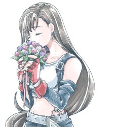 1girl bare_shoulders belt black_hair black_skirt black_sleeves bouquet closed_eyes collarbone commentary_request crop_top detached_sleeves earrings final_fantasy final_fantasy_vii fingerless_gloves flower gloves hair_behind_ear holding holding_bouquet holding_flower jewelry long_hair michibata_65 midriff navel red_gloves single_earring skirt solo suspender_skirt suspenders tank_top tifa_lockhart upper_body very_long_hair white_background white_tank_top