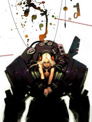 Rule 34 | 1girl, armlet, armor, blonde hair, breasts, collar, cyberpunk, drigzabrot, headphones, inkblot, long hair, looking at viewer, mecha, mechanical fixation, power armor, realistic, red eyes, robot, science fiction, signature, simple background, solo, tube, white background, wristband