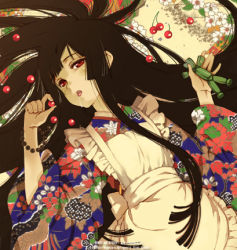 Rule 34 | 00s, 1girl, apron, black hair, blunt bangs, bracelet, cherry, drunk, enma ai, floral print, food, frilled apron, frills, fruit, hime cut, japanese clothes, jewelry, jigoku shoujo, kimono, long hair, lowres, red eyes, solo, straw doll