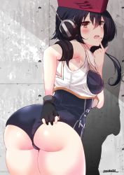 Rule 34 | 1girl, absurdres, adjusting clothes, adjusting swimsuit, ass, asymmetrical hair, black hair, black one-piece swimsuit, blush, breast cutout, breasts, brown eyes, framed breasts, gloves, hair between eyes, hat, headphones, highres, i-13 (kancolle), kantai collection, looking at viewer, looking back, momimaki, one-piece swimsuit, open mouth, partially fingerless gloves, sailor collar, school swimsuit, shadow, shirt, short hair, single glove, small breasts, solo, standing, swimsuit, swimsuit under clothes, wall