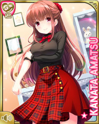 Rule 34 | 1girl, amatsu kanata, black shirt, bow, brown hair, card, character name, closed mouth, dress, girlfriend (kari), indoors, long hair, night, official art, qp:flapper, red bow, red dress, red eyes, shirt, smile, solo, standing, stuffed animal, stuffed rabbit, stuffed toy, tagme, v-shaped eyebrows