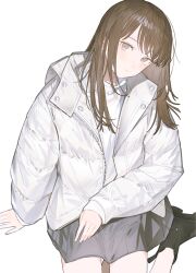 Rule 34 | 1girl, absurdres, aspara, black footwear, blush, boots, brown eyes, closed mouth, crossed legs, down jacket, expressionless, hand on ground, hands on lap, highres, jacket, knees out of frame, legs, long hair, looking at viewer, open clothes, open jacket, original, pleated skirt, shirt, simple background, sitting, skirt, solo, swept bangs, turtleneck, white background, white jacket, white shirt