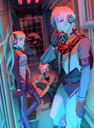 Rule 34 | 1girl, 2boys, agitation (module), armband, bad boy (module), black pants, boots, commentary, general (module), gloves, grate, hair ornament, half-closed eyes, hallway, hatsune miku, headphones, high heels, highres, industrial pipe, kagamine len, kaito (vocaloid), logo, long hair, looking at viewer, mask, mouth mask, multiple boys, nokuhashi, pants, project diva (series), red eyes, sewer grate, shirt, short sleeves, squatting, standing, thigh boots, thighhighs, twintails, unhappy refrain (vocaloid), vocaloid, white shirt, yellow eyes