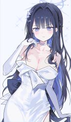 Rule 34 | 0202ase, 1girl, absurdres, black hair, blue archive, blue eyes, blue hair, blue halo, blush, breasts, choker, cleavage, closed mouth, colored inner hair, cowboy shot, dress, earrings, elbow gloves, gloves, halo, highres, jewelry, large breasts, long hair, looking at viewer, multicolored hair, official alternate costume, saori (blue archive), saori (dress) (blue archive), simple background, solo, strapless, strapless dress, white background, white choker, white dress, white gloves