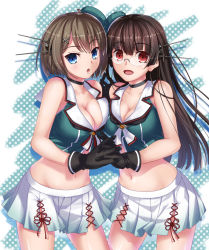 Rule 34 | 10s, 2girls, bare shoulders, black gloves, blue eyes, breast press, breasts, brown hair, choukai (kancolle), cleavage, glasses, gloves, hair ornament, hairclip, headgear, highres, kantai collection, large breasts, long hair, looking at viewer, maya (kancolle), midriff, military, military uniform, multiple girls, naval uniform, navel, open mouth, red eyes, remodel (kantai collection), school uniform, serafuku, short hair, skirt, sleeveless, smile, symmetrical docking, uniform, yoshida takuma