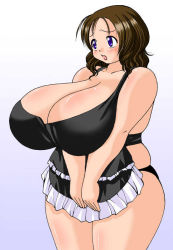 Rule 34 | 1girl, apron, blue eyes, blush, breasts, brown hair, cleavage, curvy, female focus, gradient background, hip focus, huge breasts, maid, maid apron, open mouth, plump, short hair, solo, standing, tetsujinex, thick thighs, thighs, wide hips