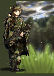 Rule 34 | 1girl, absurdres, assault rifle, blonde hair, blue eyes, boots, camouflage, cloak, clover, four-leaf clover, gun, hat, highres, hood, hooded cloak, m16, m16a1, mud, original, poncho, rain, rifle, short hair, smile, soldier, solo, tanto (tc1995), tc1995, water, weapon