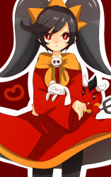 Rule 34 | 1girl, ashley (warioware), big hair, black hair, black pantyhose, closed mouth, commentary request, cowboy shot, demon, dress, fangs, hairband, heart, highres, holding, holding stuffed toy, long hair, long sleeves, looking up, neckerchief, nintendo, orange hairband, orange neckerchief, outline, pantyhose, papeko, pitchfork, red (warioware), red background, red dress, red eyes, simple background, sketch, skull, standing, stuffed animal, stuffed rabbit, stuffed toy, twintails, warioware, white outline