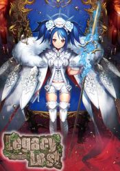 Rule 34 | 1girl, blue hair, boots, brown eyes, bubble, candle, capelet, crown, flower, force of will, fur trim, fuziwara ayumu, gloves, jewelry, necklace, official art, polearm, spear, thighhighs, throne, twintails, weapon