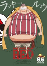 Rule 34 | 1boy, character name, clenched hand, dated, fat, fat man, full body, grin, highres, jolly roger, looking at viewer, lucky roux, oda eiichirou, official art, one piece, one piece film: red, pectorals, poster (object), short hair, simple background, smile, solo, standing, teeth, title, translation request