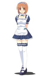 Rule 34 | 10s, 1girl, alternate costume, arms behind back, blue dress, blue footwear, blush, breasts, brown eyes, brown hair, detached collar, dress, enmaided, frilled dress, frilled thighhighs, frills, full body, girls und panzer, looking at viewer, maid, maid headdress, mary janes, nishizumi miho, parted lips, pleated dress, puffy short sleeves, puffy sleeves, shoes, short dress, short hair, short sleeves, simple background, smile, solo, srwsrx (gp03dsrx), standing, thighhighs, white background, white thighhighs, zettai ryouiki