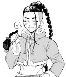Rule 34 | 1boy, absurdres, blush, braid, braided ponytail, closed eyes, cropped jacket, fang, gourd, greyscale, hand on own hip, highres, holding gourd, jamie siu, jie 2 3, long hair, male focus, monochrome, musical note, navel, open mouth, smile, solo, spoken musical note, street fighter, street fighter 6