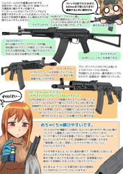 Rule 34 | 2girls, airsoft gun, airsoft review illustrated, ak-74, animal ears, arrow dynamic (airsoft company), assault rifle, breasts, brown sweater, carbine, chibi, cyma toys, diagram, didloaded, e&amp;l airsoft, folding stock, freckles, gloves, gun, holding, information sheet, japanese text, kalashnikov concern, kalashnikov rifle, long gun, magazine (weapon), multiple girls, muzzle device, orange hair, original, red eyes, rifle, stock (firearm), sweater, text focus, toy gun, translation request, wd-40, wd-40 company, weapon, weapon focus, weapon profile