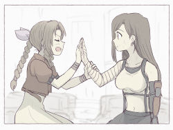 Rule 34 | 2girls, aerith gainsborough, arm grab, bandaged arm, bandaged wrist, bandages, braid, breasts, brown hair, closed eyes, collarbone, crop top, cropped jacket, earrings, elbow pads, final fantasy, final fantasy vii, holding hands, jewelry, long hair, medium breasts, midriff, multiple girls, navel, open mouth, parted bangs, parted lips, tifa lockhart, tsubobot