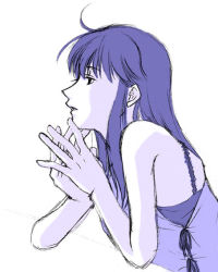 Rule 34 | 1girl, ahoge, bare shoulders, gensou suikoden, long hair, monochrome, own hands together, parted lips, purple theme, simple background, solo, upper body, viki, viki (suikoden), white background