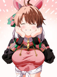 Rule 34 | 1girl, ahoge, animal ears, blush, breasts, brown hair, closed eyes, commentary request, dantsu flame (umamusume), hair ornament, hands on own cheeks, hands on own face, happy, headband, highres, horse ears, horse girl, large breasts, looking at viewer, medium hair, midriff, portrait, simple background, solo, tsukumo (soar99), umamusume