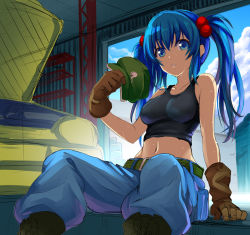 Rule 34 | 1girl, alternate hair length, alternate hairstyle, arm support, bare arms, bare shoulders, belt, black footwear, blue eyes, blue hair, blue pants, blush, boots, breasts, brown gloves, cloud, collarbone, commentary request, cross-laced footwear, day, garage, gloves, hair bobbles, hair ornament, hat, unworn hat, unworn headwear, hijikawa arashi, kawashiro nitori, lace-up boots, long hair, looking at viewer, medium breasts, midriff, navel, pants, parted lips, pocket, sidelocks, sitting, solo, stomach, sweat, tank top, touhou, twintails