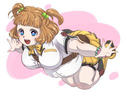 Rule 34 | 1girl, akemi (wkd4496cxc), belly, between breasts, blue eyes, blush, breasts, fat, female focus, flower-shaped pupils, full body, hasebe shikiri, large breasts, light brown hair, open mouth, plump, shinken!!, short hair, short twintails, smile, solo, strap between breasts, symbol-shaped pupils, thick thighs, thighs, twintails