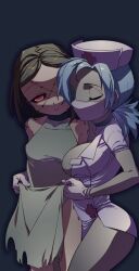 Rule 34 | 2girls, blue background, blue hair, breasts, brown hair, choker, cleavage, closed eyes, clothes lift, clothes pull, collar, cowboy shot, hat, large breasts, mask, mouth mask, multiple girls, nurse cap, painwheel (skullgirls), parted lips, ponytail, scar, skullgirls, surgical mask, valentine (skullgirls), yojio (2188)