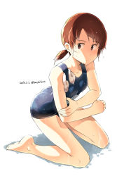Rule 34 | 1girl, ass, breasts, brown eyes, brown hair, dated, full body, kantai collection, kneeling, low twintails, object in clothes, object in swimsuit, one-piece swimsuit, sakura (medilore), school swimsuit, shirayuki (kancolle), short twintails, simple background, small breasts, solo, swimsuit, twintails, twitter username, wet, wet clothes, wet hair, wet swimsuit, white background