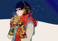 Rule 34 | 1girl, arm warmers, blue eyes, blue hair, blush, clothes pin, cup, earmuffs, fringe trim, from side, glasses, holding, holding cup, lips, looking afar, mug, nail polish, negiusagi, night, night sky, original, parted lips, pink nails, scarf, sky, solo, steam, winter, winter clothes