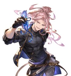 Rule 34 | 1boy, belt, black jacket, black shirt, blue eyes, contrapposto, floating hair, gift, gloves, granblue fantasy, high ponytail, incoming gift, jacket, long hair, looking at viewer, male focus, minaba hideo, official art, open mouth, pink hair, randall (granblue fantasy), shirt, skin tight, smile, solo, transparent background, white day
