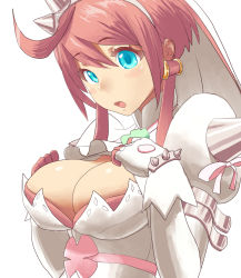 Rule 34 | 1girl, ahoge, arc system works, blue eyes, blush, breasts, bridal veil, cleavage, clover, dress, earrings, elphelt valentine, four-leaf clover, gloves, guilty gear, guilty gear xrd, huge breasts, jewelry, open mouth, red hair, red ribbon, ribbon, rokuro, shiny skin, short hair, solo, spikes, veil, wedding dress