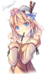 1girl artist_name blonde_hair blue_eyes bow female_focus flower food hair_bow hair_flower hair_ornament hand_in_own_hair head_tilt jewelry long_sleeves looking_at_viewer necklace original pocky short_hair signature solo soraizumi white_background