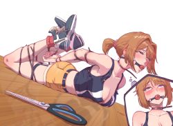 Rule 34 | 1girl, asphyxiation, ball gag, bdsm, blue footwear, bondage, bound, breasts, cable tie, commission, full body, gag, girls&#039; frontline, glasses, grizzly mkv (girls&#039; frontline), grizzly mkv (weekend cop) (girls&#039; frontline), hair ornament, hair scrunchie, highres, lar grizzly win mag, leveen, medium breasts, multiple views, official alternate costume, peril, purple eyes, restrained, scissors, scrunchie, second-party source, short hair, short ponytail, short shorts, shorts, skindentation, tank top, thigh strap, v-shaped eyebrows, yellow shorts