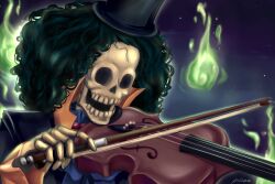 Rule 34 | 1boy, absurdres, afro, ascot, black hair, black hat, blue ascot, bow (music), brook (one piece), commentary, english commentary, hat, highres, holding, holding bow (music), holding instrument, instrument, male focus, music, one piece, open mouth, playing instrument, signature, skeleton, solo, top hat, violin, y3ssi