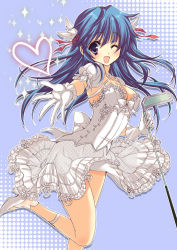 Rule 34 | 1girl, arin, blue hair, breasts, cleavage, corset, dress, foreshortening, gloves, golf club, happy, head wings, high heels, legs, long hair, medium breasts, one eye closed, outstretched arm, outstretched hand, pangya, purple eyes, shoes, solo, wedding dress, wind, wind lift, wings, wink, yukiwo