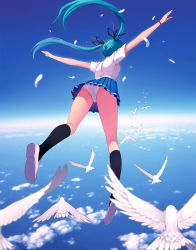Rule 34 | 1girl, aqua hair, bird, cloud, fkey, flying, from behind, hair ribbon, hatsune miku, kneehighs, legs, long hair, outstretched arms, panties, pantyshot, pleated skirt, ribbon, shirt, skirt, sky, socks, solo, thighs, twintails, underwear, upskirt, very long hair, vocaloid, white panties, white shirt