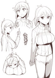 Rule 34 | 1girl, :o, breasts, character name, character sheet, chikurin (sasamori tomoe), denim, female focus, hands on own head, jeans, large breasts, lineart, middle finger, monochrome, multiple views, original, pants, ribbed sweater, sasamori tomoe, sweat, sweater, turtleneck
