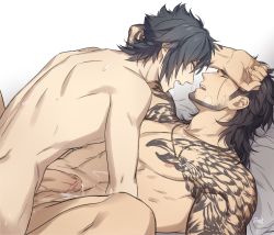 Rule 34 | 2boys, abs, anal, bed, closed eyes, cum, cum on body, erection, final fantasy, final fantasy xv, gladiolus amicitia, highres, lying, male penetrated, multiple boys, muscular, noctis lucis caelum, nude, penis, scar, sex, size difference, smaller dominant, sweat, tattoo, wince, yaoi, zehel az