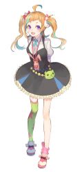 Rule 34 | 10s, 1girl, ahoge, arms behind back, asymmetrical legwear, blue hair, boots, bow, brown hair, circle skirt, dress, frilled dress, frills, full body, gi (melmail), green thighhighs, hair bow, highres, kiznaiver, looking at viewer, multicolored hair, niiyama nico, open mouth, puffy short sleeves, puffy sleeves, purple eyes, short sleeves, simple background, single thighhigh, solo, standing, star (symbol), star print, stuffed animal, stuffed toy, thighhighs, twintails, uneven legwear, white background