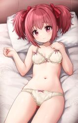 Rule 34 | 1girl, absurdres, blush, bra, breasts, commentary, comodomodo, english commentary, highres, long hair, looking at viewer, lying, momomiya ichigo, navel, panties, pillow, red eyes, red hair, red ribbon, ribbon, small breasts, smile, solo, tokyo mew mew, twintails, underwear, underwear only, yellow bra, yellow panties