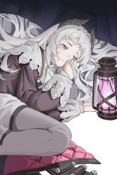 Rule 34 | 1girl, absurdres, ammunition belt, arknights, bed sheet, black shirt, capelet, closed mouth, commentary, earrings, fire, grey eyes, grey hair, grey pantyhose, half-closed eyes, head wings, highres, irene (arknights), jewelry, knee to chest, lantern, long hair, long sleeves, lying, on side, pantyhose, pink fire, puffy long sleeves, puffy sleeves, ruffling hair, scar, scar across eye, scar on face, shirt, sidelocks, skirt, sleeve cuffs, solo, white capelet, white skirt, wings, xiaochaibao