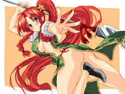 Rule 34 | 1girl, alternate hairstyle, ass, blue eyes, blush, braid, breasts, china dress, chinese clothes, dress, embellished costume, female focus, guan dao, hong meiling, long hair, looking at viewer, matsuno canel, naked tabard, no bra, no panties, outstretched arm, polearm, ponytail, red hair, revealing clothes, shoes, side braid, sideboob, sketch, solo, star (symbol), tabard, touhou, twin braids, very long hair, weapon